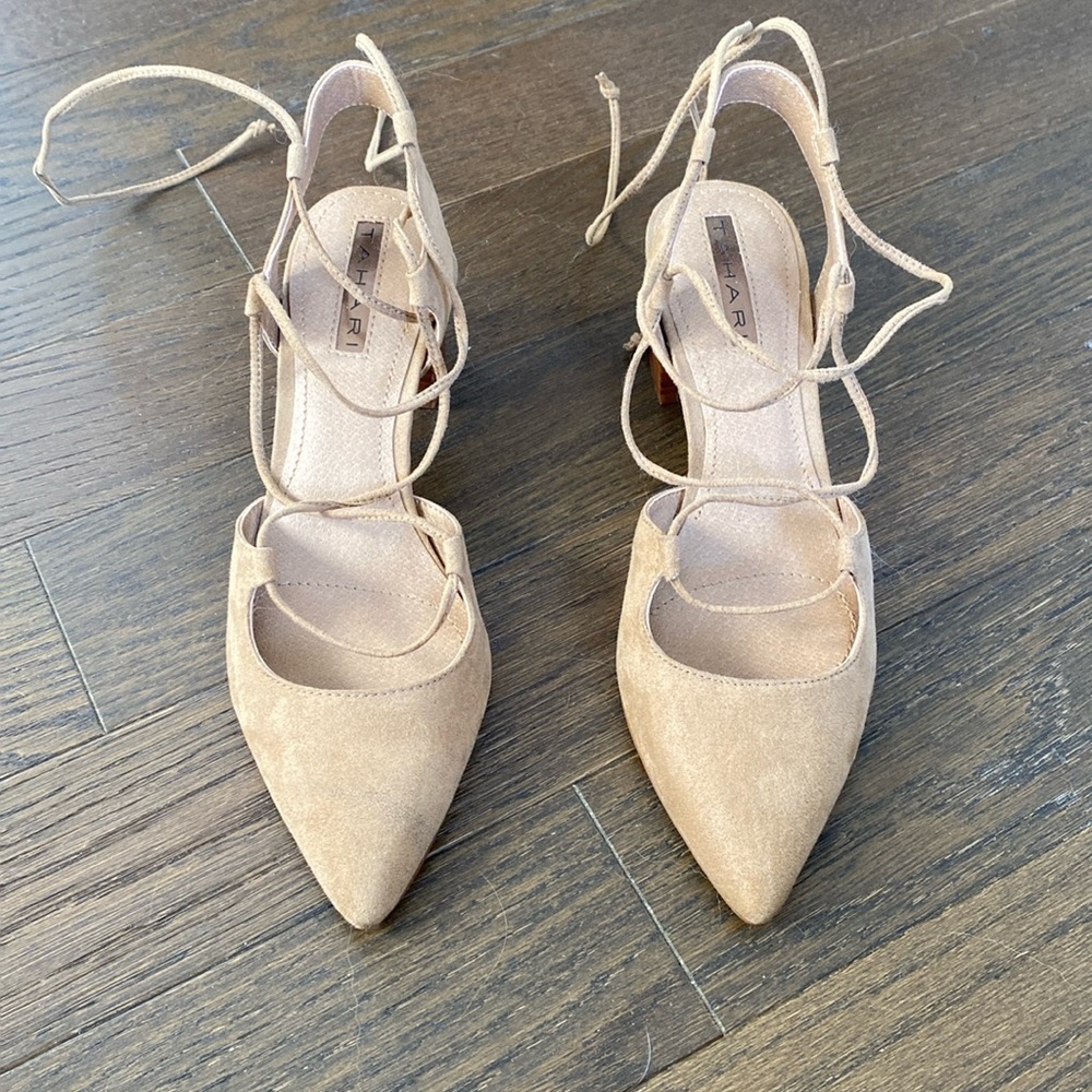 Tahari faux suede laceup heels with block heels pointy toe